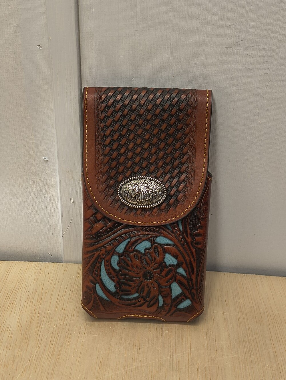 Horse Western Genuine Leather Phone Holster Handtooled Brown XLARGE